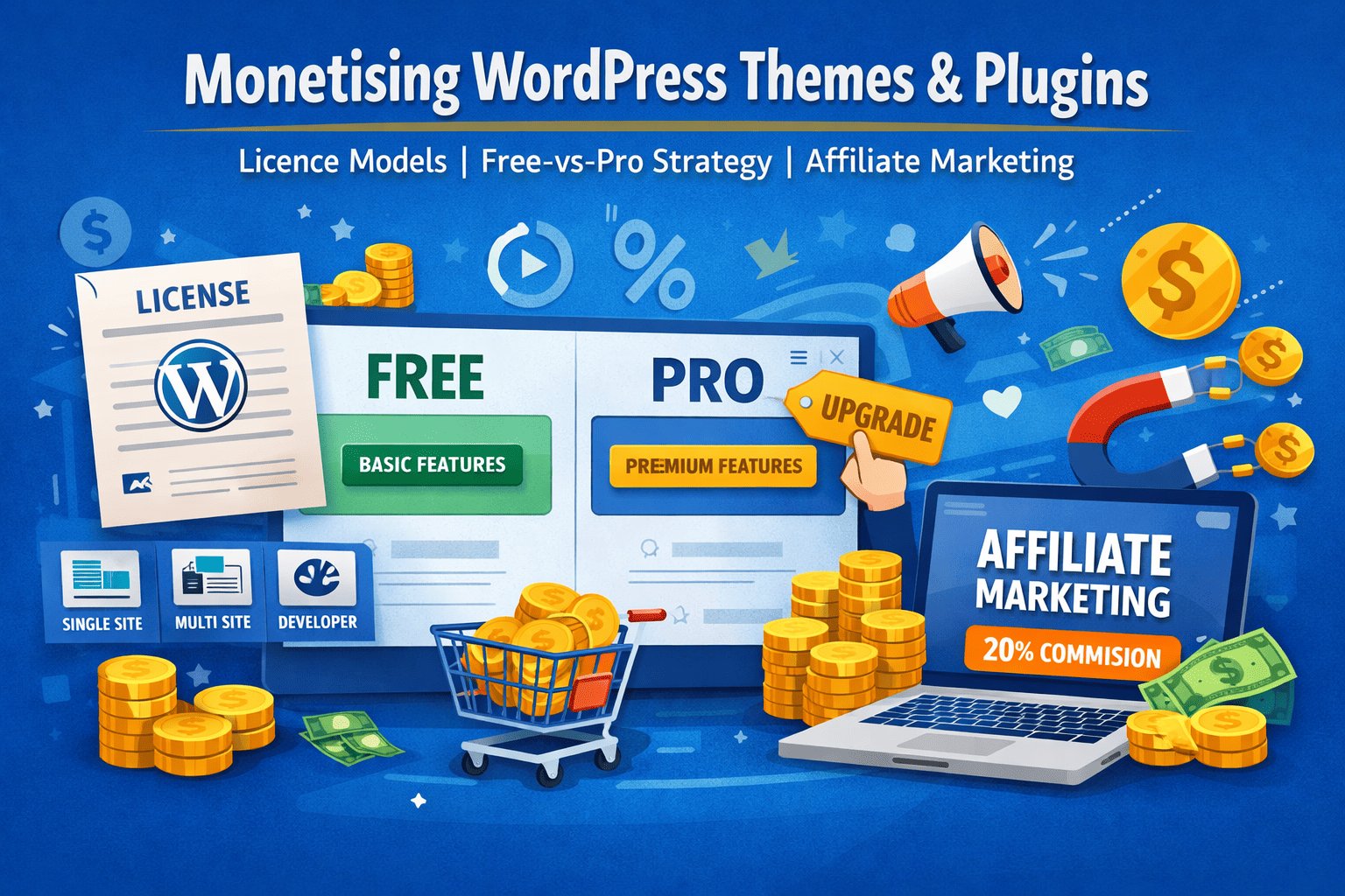 Monetising WordPress Themes & Plugins: Licence Models, Free-vs-Pro Strategy & Affiliate Marketing